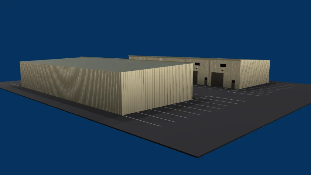 Dominion Commerce Center from the front left, drawn to the dimensions on the approved plans