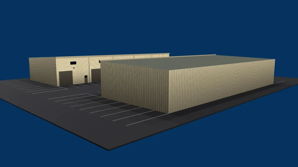 Dominion Commerce Center from the front right, with the car park, drawn to the dimensions on the approved plans